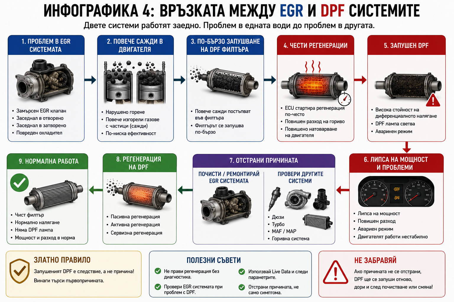 Инфографика за връзката между EGR и DPF системите