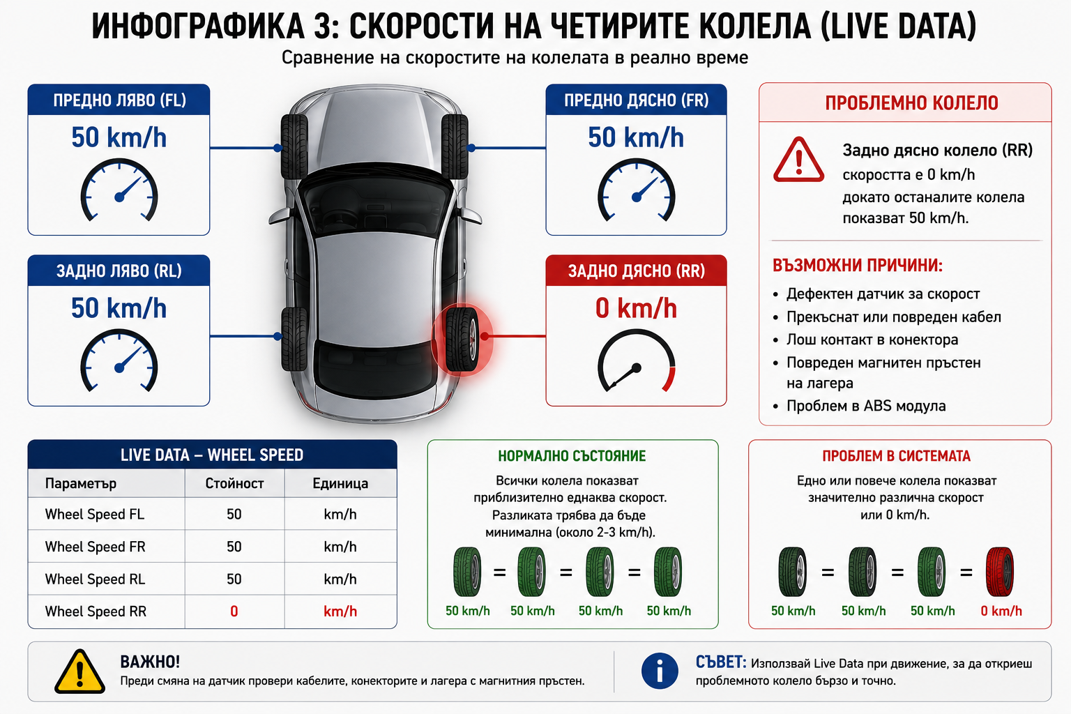 Инфографика за скоростите на четирите колела в live data