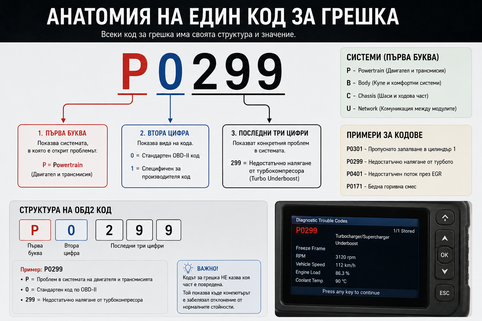 Инфографика за анатомия на един код за грешка P0299