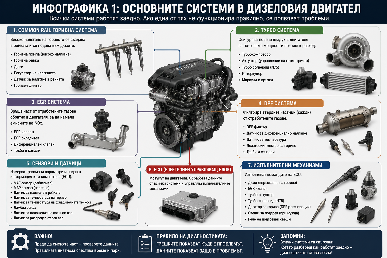 Инфографика за основните системи в дизеловия двигател
